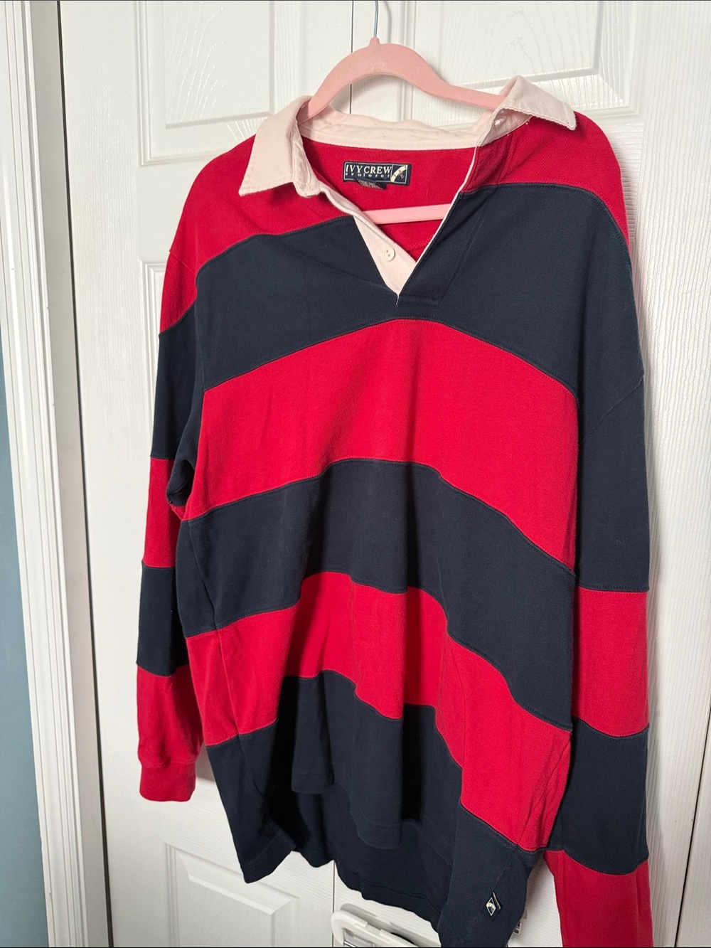 J. Crew Red and Navy Striped V-Neck Rugby long sleeve shirt with White Collar